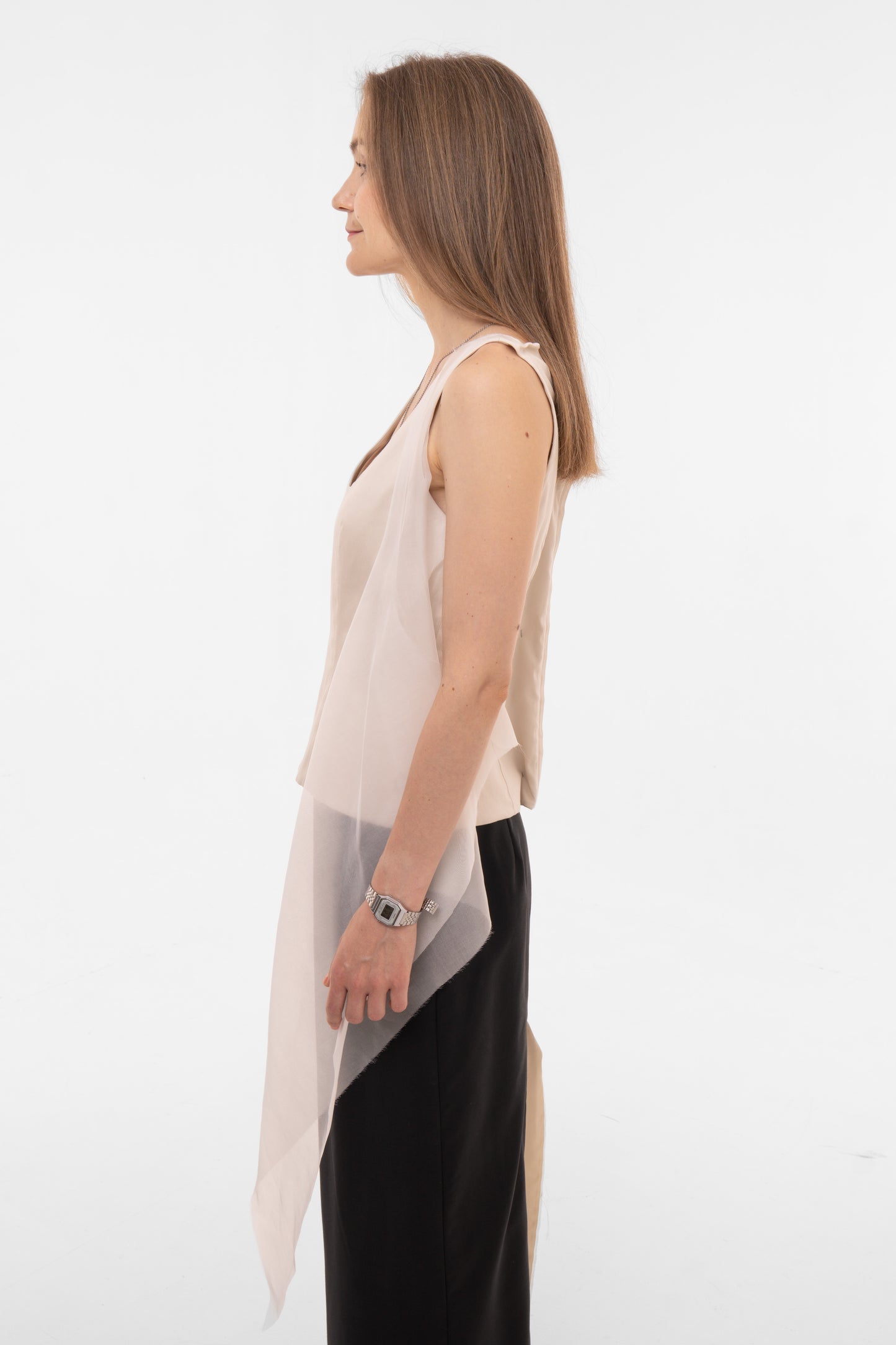 Beige Deconstructed Cotton Blouse with Organza Drape