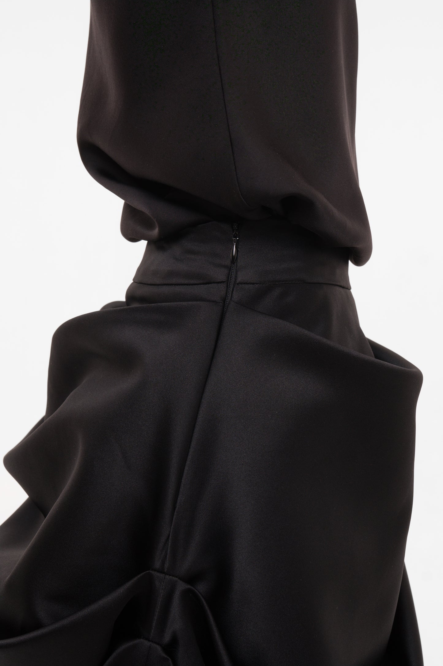 Asymmetric Black Maxi Skirt with Draped Overlay and Pleated Hem