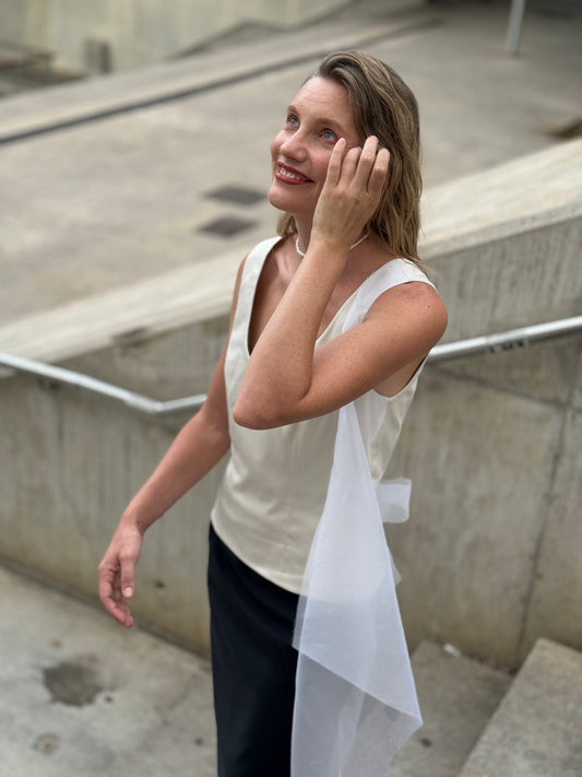 Beige Deconstructed Cotton Blouse with Organza Drape