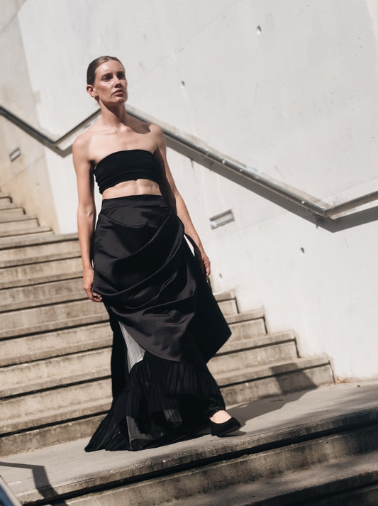 Asymmetric Black Maxi Skirt with Draped Overlay and Pleated Hem