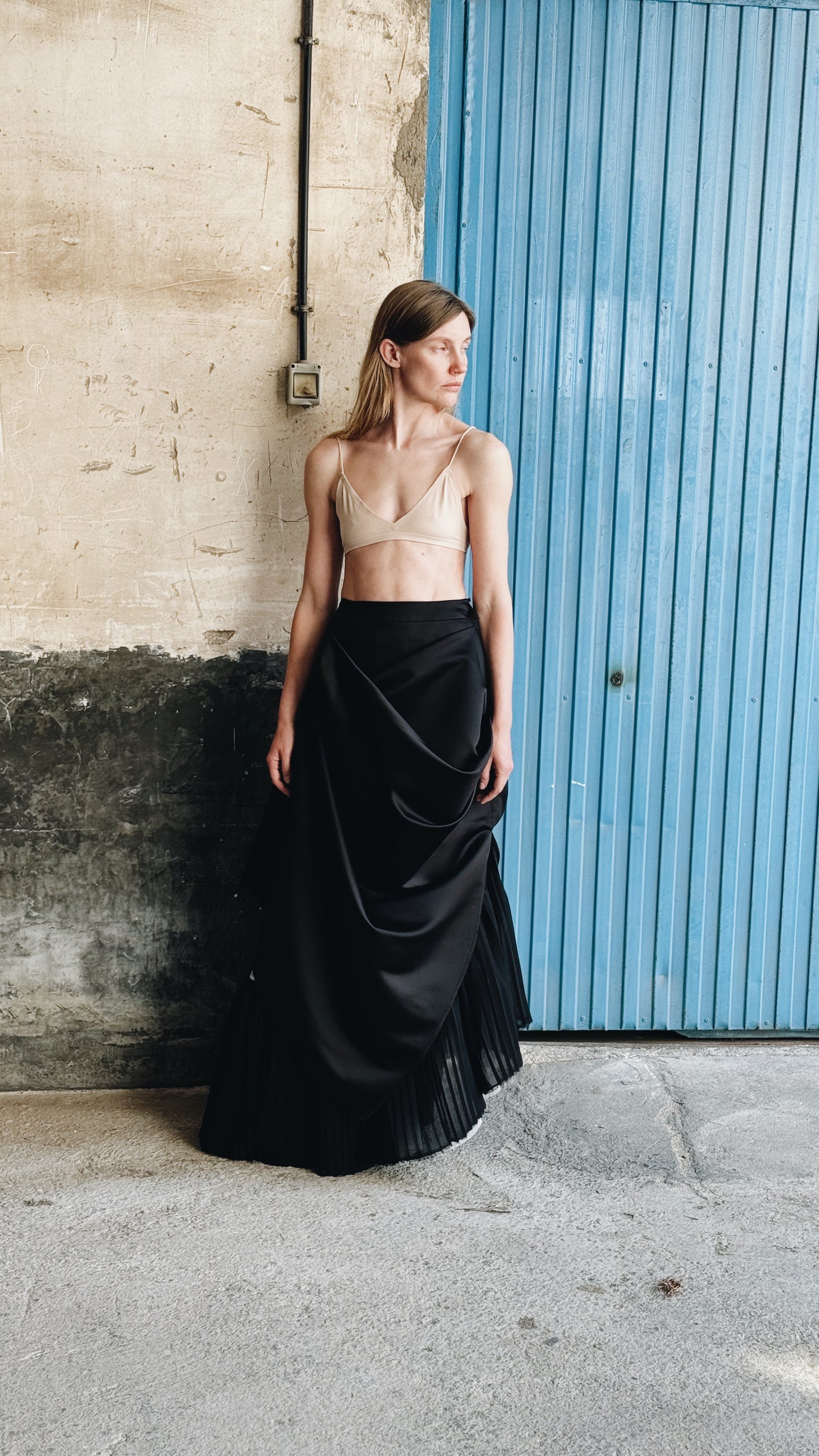 Asymmetric Black Maxi Skirt with Draped Overlay and Pleated Hem