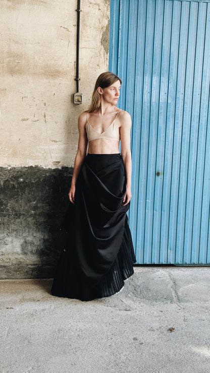Asymmetric Black Maxi Skirt with Draped Overlay and Pleated Hem