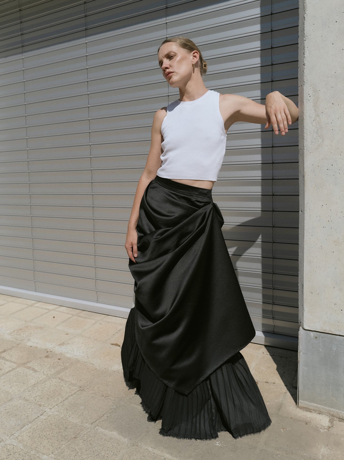 Asymmetric Black Maxi Skirt with Draped Overlay and Pleated Hem