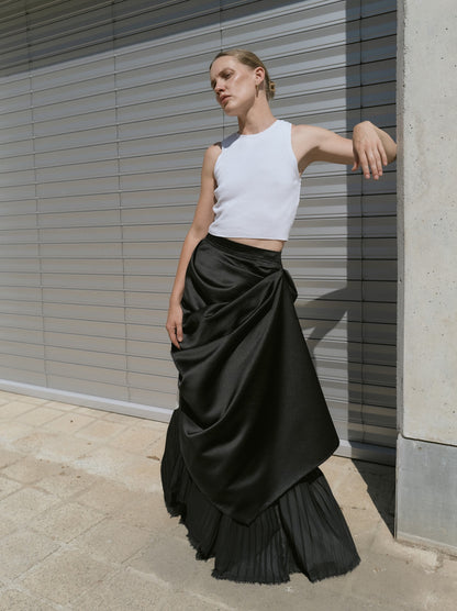 Asymmetric Black Maxi Skirt with Draped Overlay and Pleated Hem