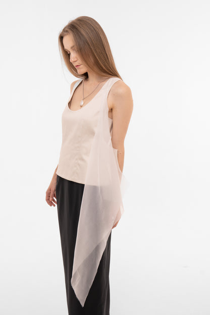 Beige Deconstructed Cotton Blouse with Organza Drape