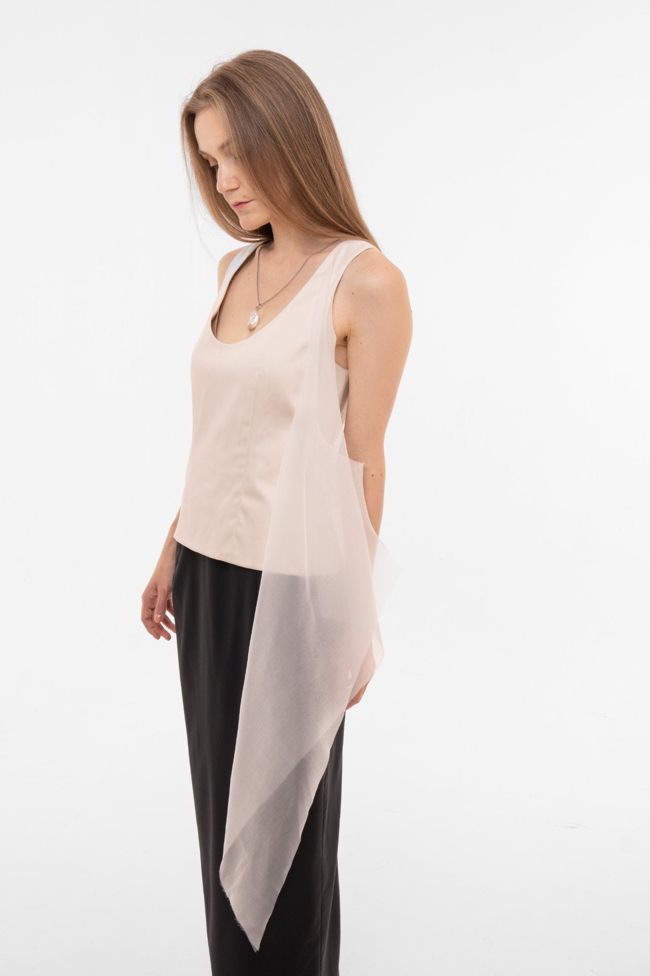 Beige deconstructed cotton blouse with asymmetric sheer organza drape panel - side view - Sazha Barcelona