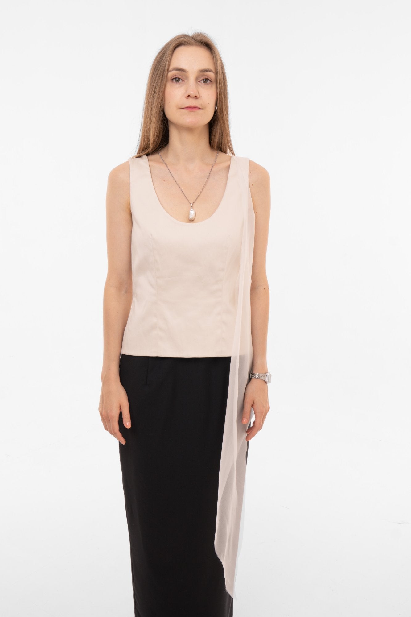 Beige deconstructed blouse with sheer organza drape front view - minimalist designer top by Sazha - made in Barcelona