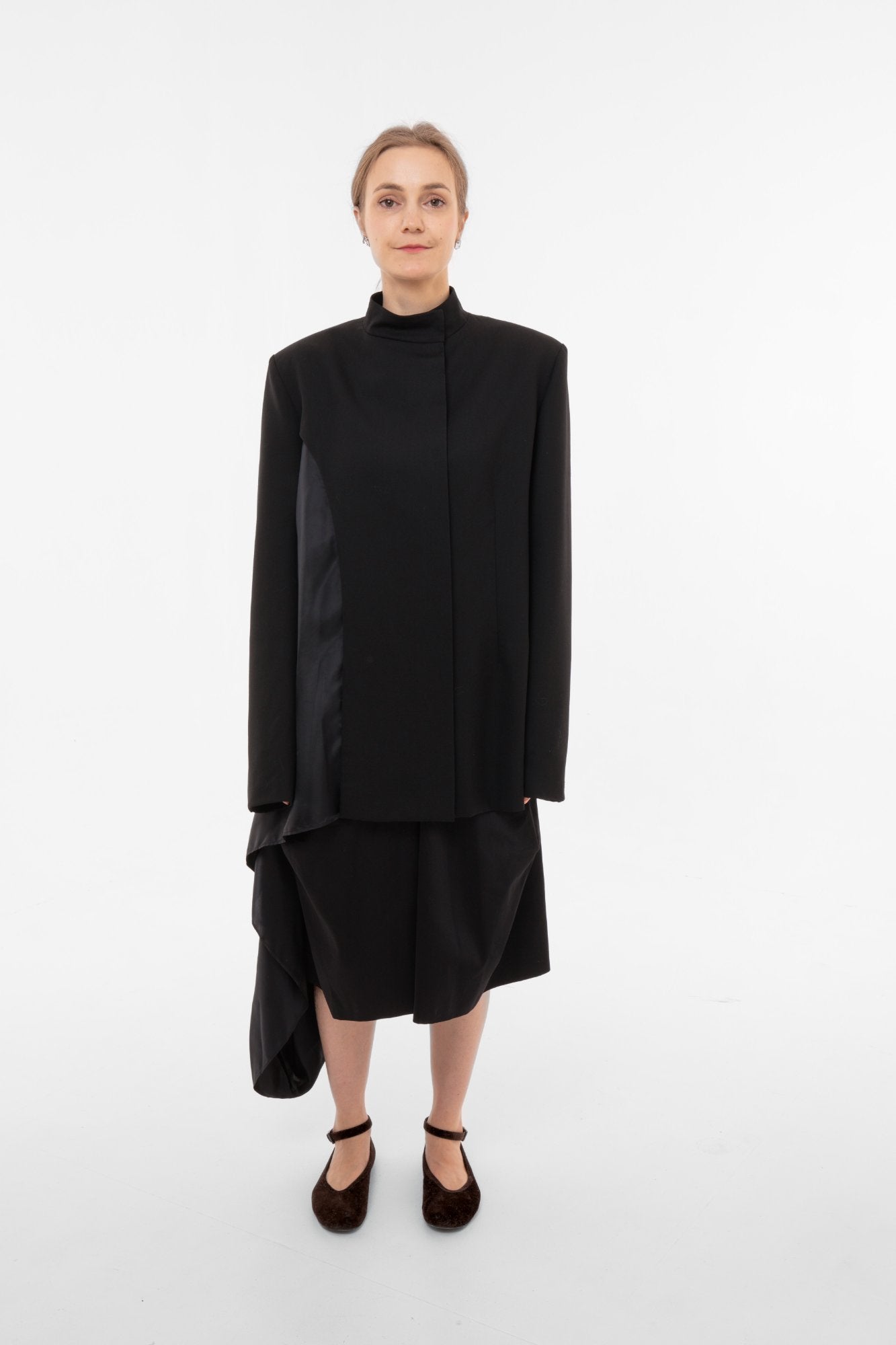 Oversized black designer blazer with stand collar and asymmetric cutout panels - avant-garde tailoring by Sazha