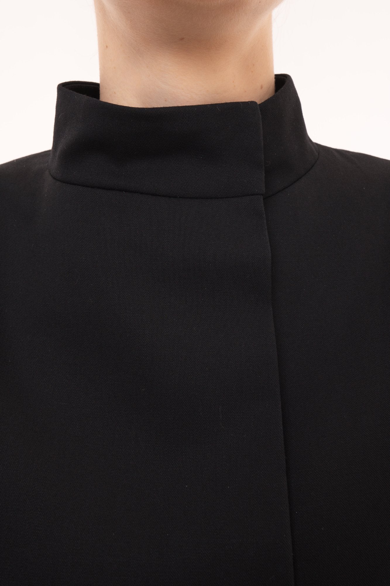 Black avant-garde blazer with stand collar and deconstructed asymmetric design - Made in Barcelona