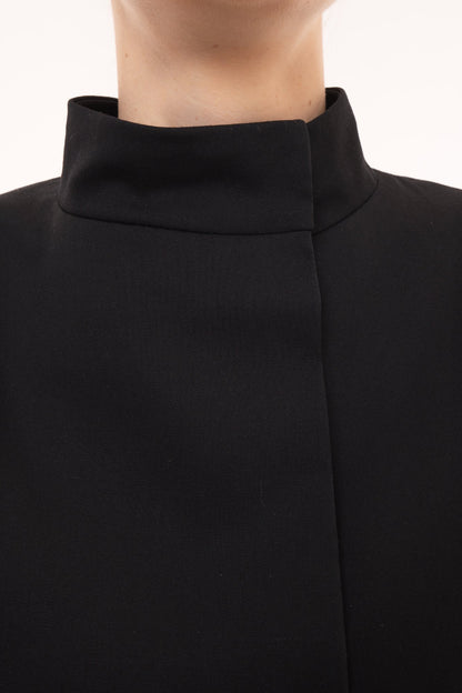 Black avant-garde blazer with stand collar and deconstructed asymmetric design - Made in Barcelona