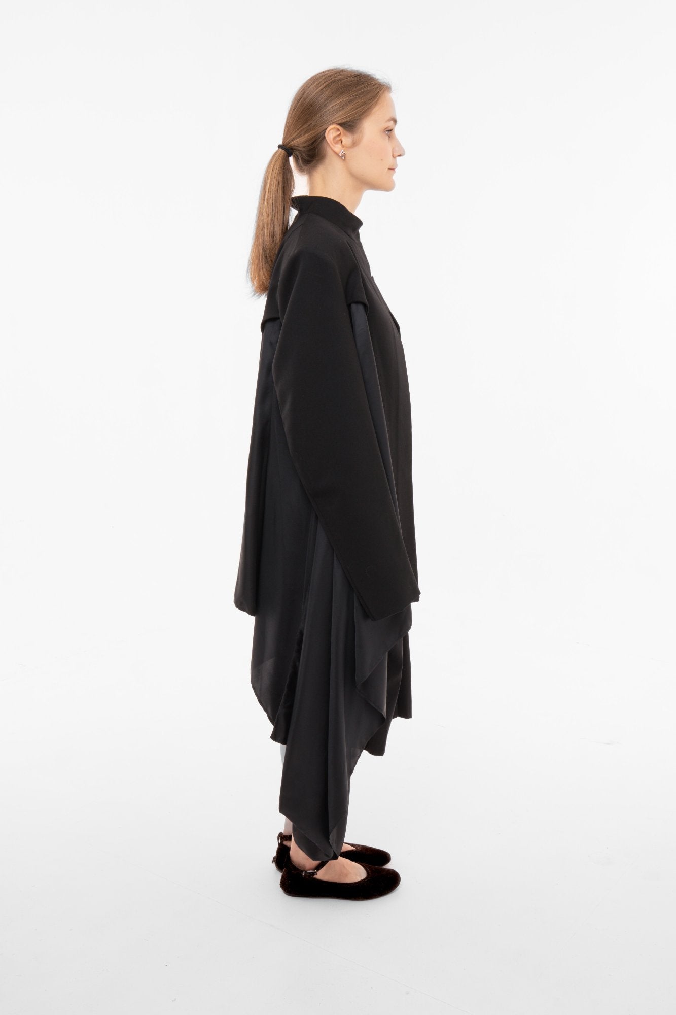 Black avant-garde blazer with stand collar and deconstructed asymmetric design - Made in Barcelona