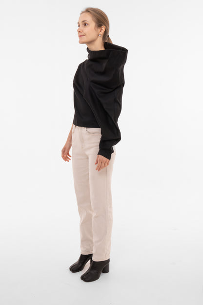 Sculptural Black Asymmetric Top with One-Shoulder Draping
