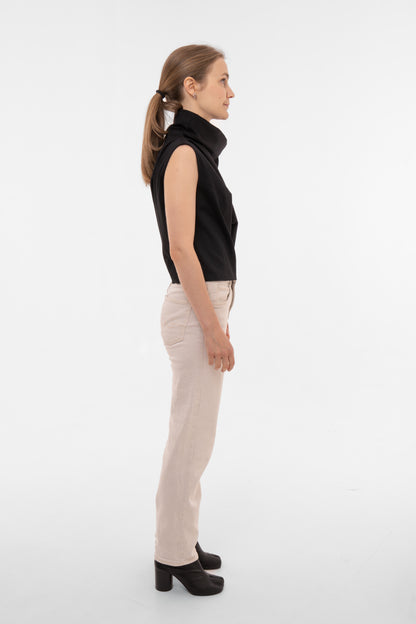 Sculptural Black Asymmetric Top with One-Shoulder Draping