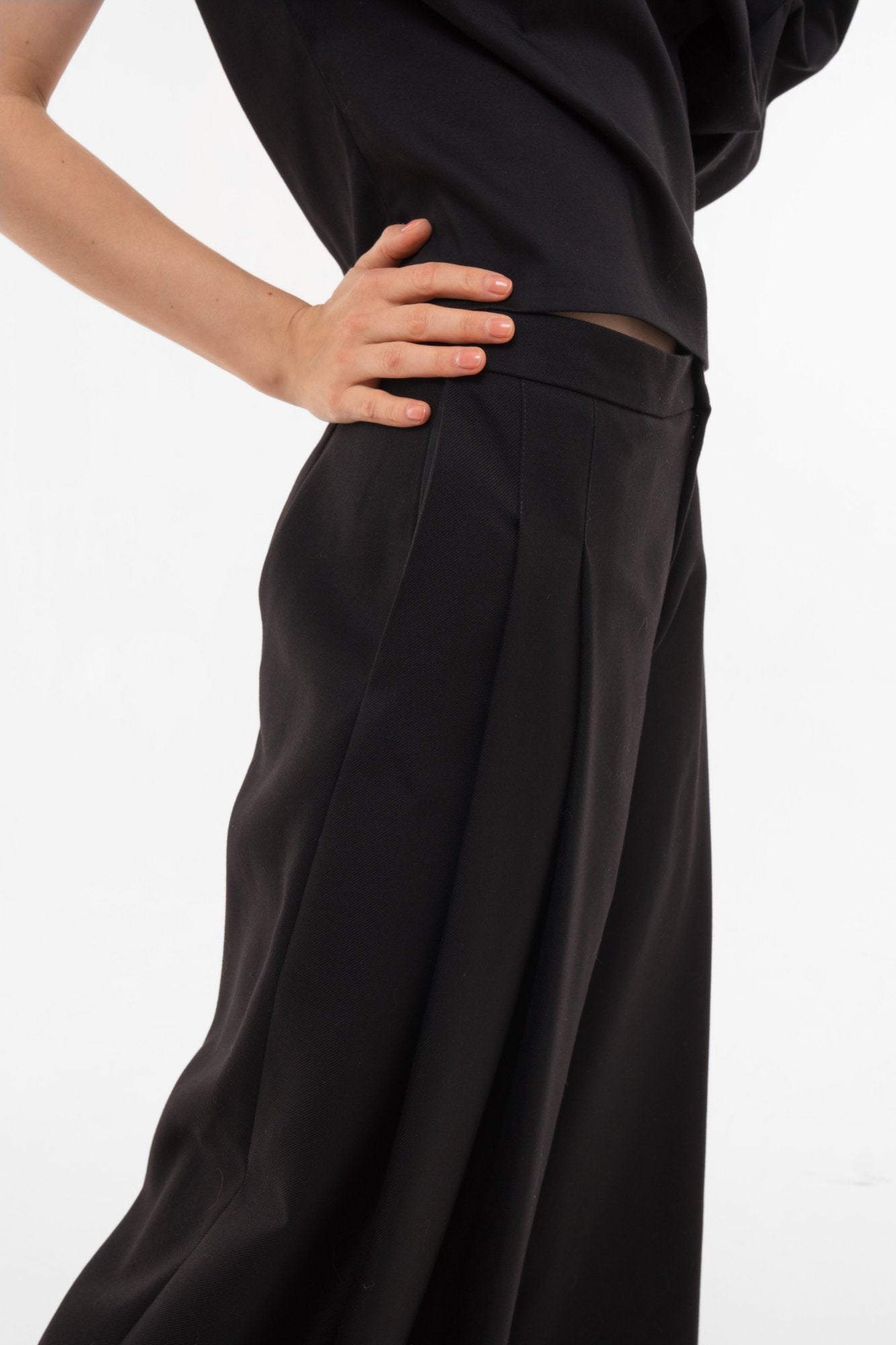 Side profile of black wide-leg pleated trousers with dramatic fluid silhouette - designer pants 