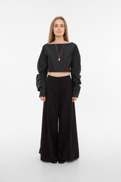 High-waist wide-leg palazzo trousers with cropped silk taffeta top - front view - avant-garde minimalist look