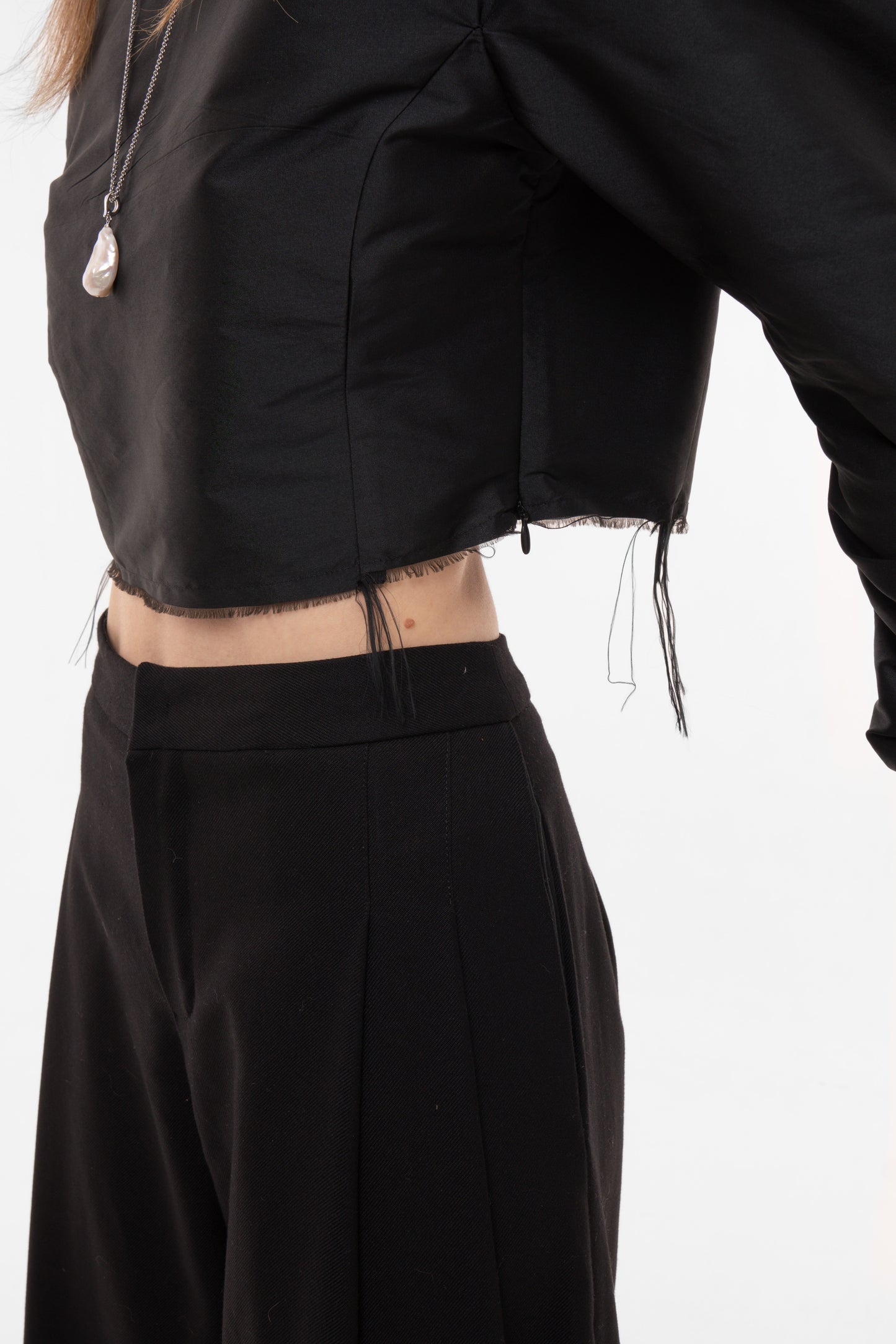 Black Silk Taffeta Cropped Top with Voluminous Sleeves