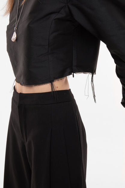 Black Silk Taffeta Cropped Top with Voluminous Sleeves