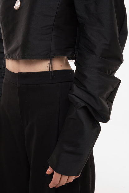 Black Silk Taffeta Cropped Top with Voluminous Sleeves
