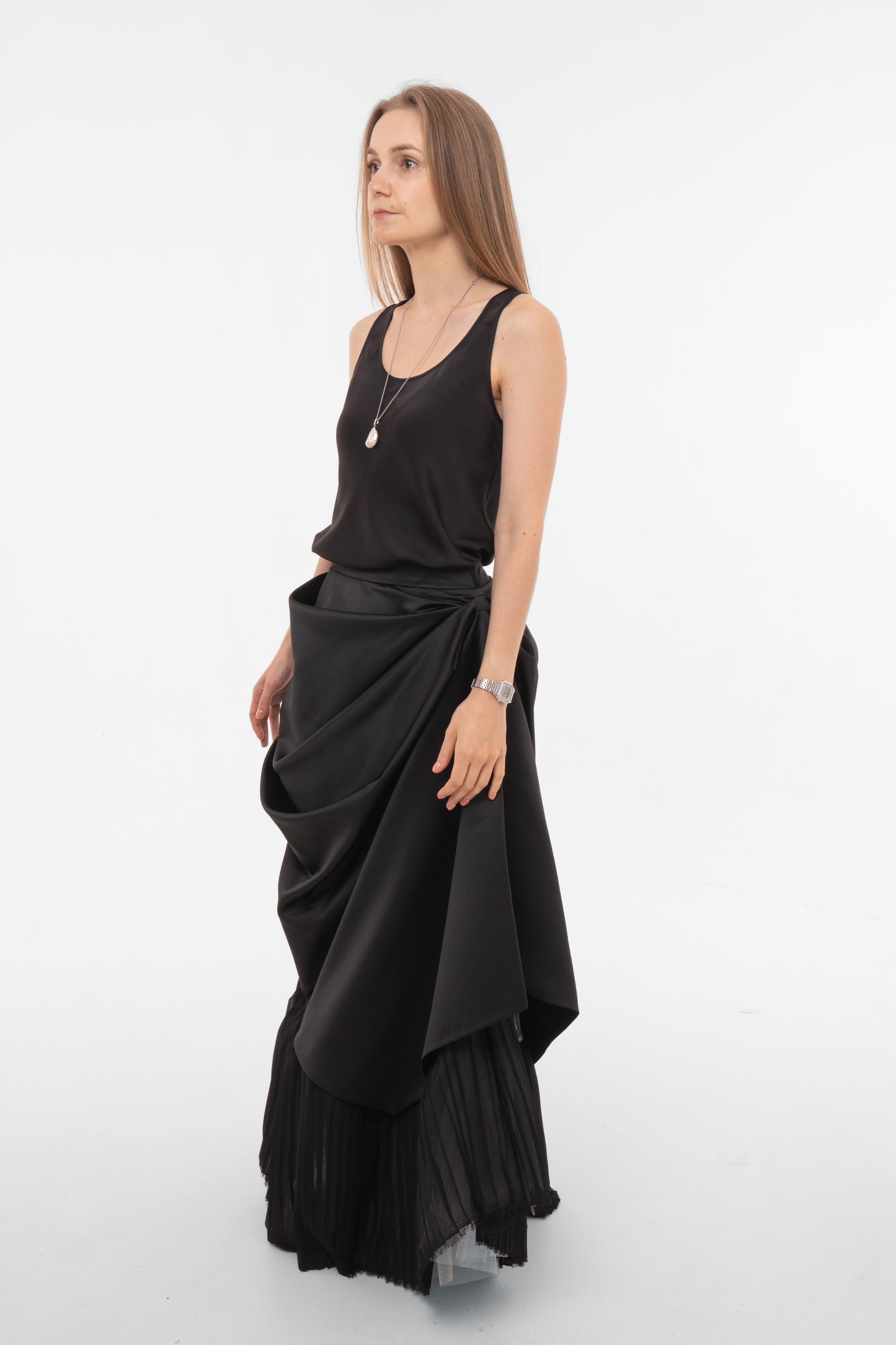 Asymmetric Black Maxi Skirt with Draped Overlay and Pleated Hem