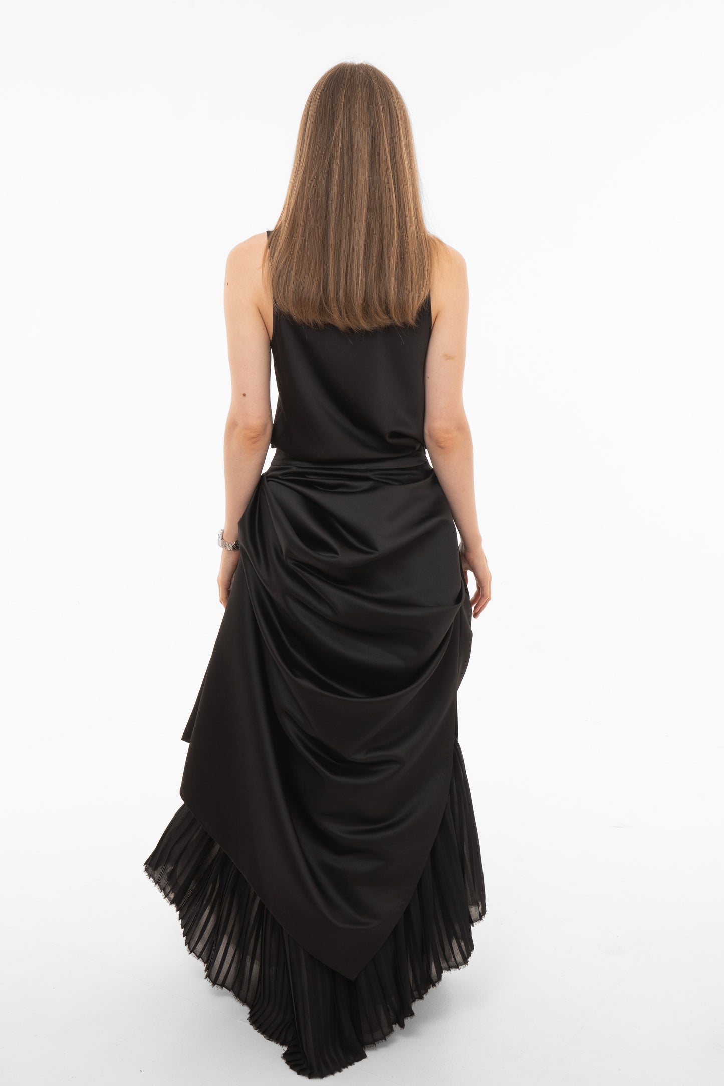 Asymmetric Black Maxi Skirt with Draped Overlay and Pleated Hem