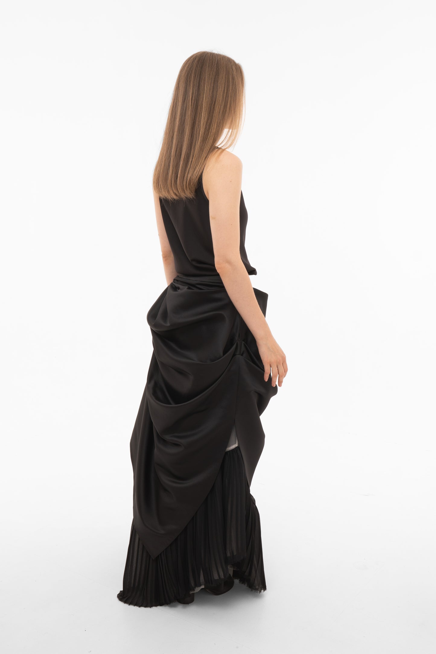 Asymmetric Black Maxi Skirt with Draped Overlay and Pleated Hem