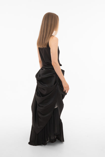 Asymmetric Black Maxi Skirt with Draped Overlay and Pleated Hem