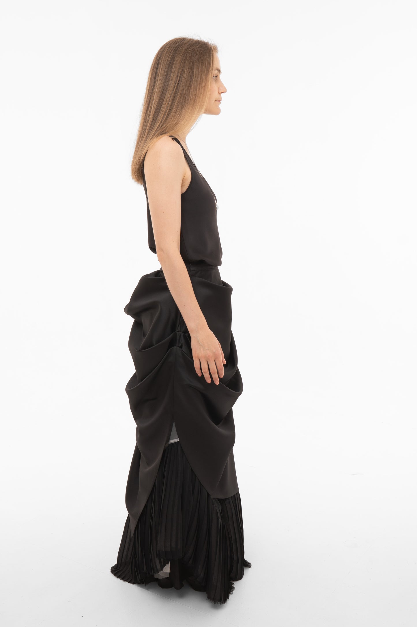 Asymmetric Black Maxi Skirt with Draped Overlay and Pleated Hem