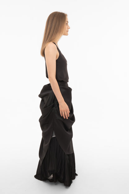 Asymmetric Black Maxi Skirt with Draped Overlay and Pleated Hem