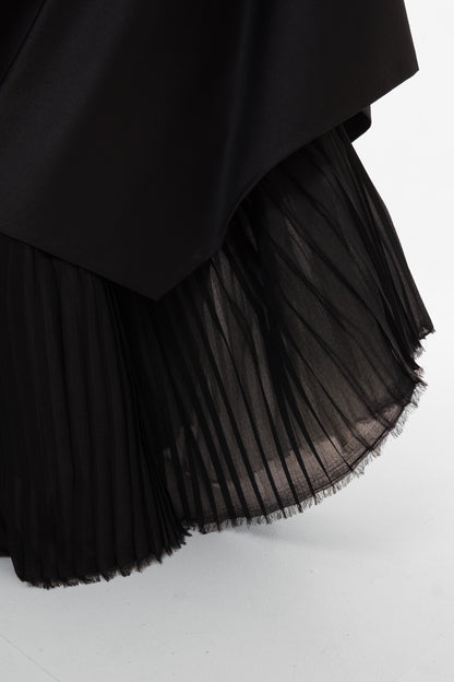 Asymmetric Black Maxi Skirt with Draped Overlay and Pleated Hem