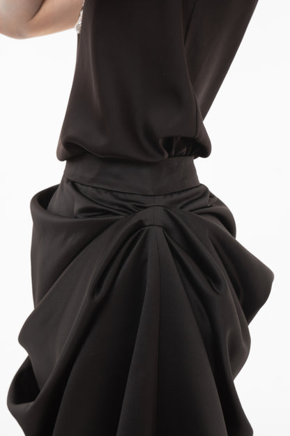 Asymmetric Black Maxi Skirt with Draped Overlay and Pleated Hem