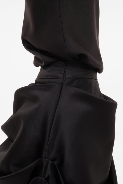Asymmetric Black Maxi Skirt with Draped Overlay and Pleated Hem