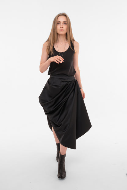 Asymmetric Black Maxi Skirt with Draped Overlay and Pleated Hem