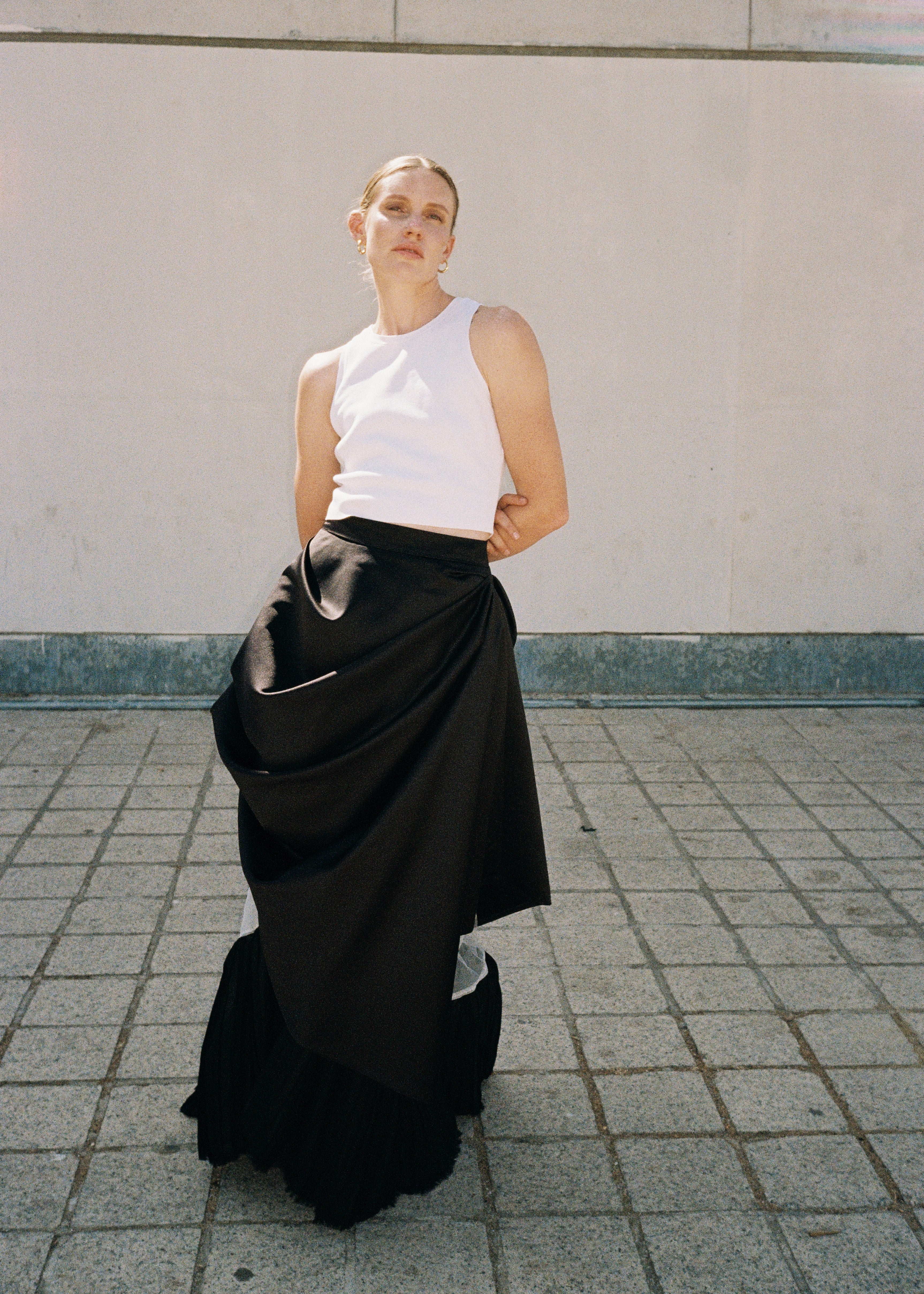 Asymmetric Black Maxi Skirt with Draped Overlay and Pleated