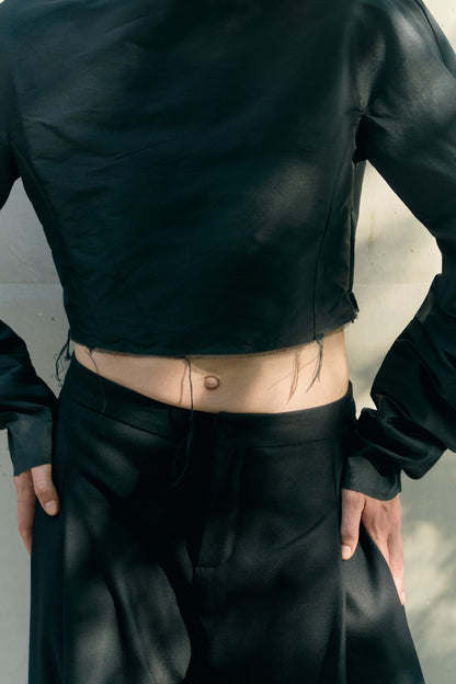 Black Silk Taffeta Cropped Top with Voluminous Sleeves