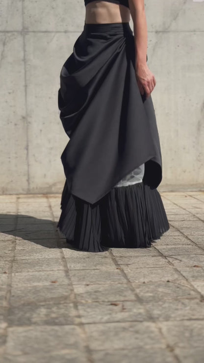 Asymmetric Black Maxi Skirt with Draped Overlay and Pleated Hem